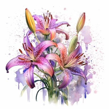 wet energetic lilies, without background, watercolor clipart in Monet style
