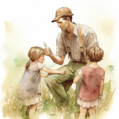 Artwork in the style of Cicely Mary Barker,clipart ,Illustrate a Dad keeping his children humble with I told you so moment. watercolor clipart, father's day ,hyper realistic, HD