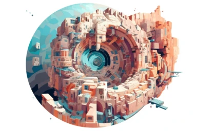 a close up of a infinite loop open pit mine on a white background, james gilleard and james jean, escher, trending on artisation, connectedness, scutoid, mit technology review, by Sam Spratt, dan mcpharlin : : ornate, wormholes, tetris, monolithic, stylized stl, clipart icon, simple 4 colors from gray to metalic blue, vector-based, sharp border, plane color and very define, high quality, digital art, 8k resolution, masterpiece, congruent, amazing, incredible, awe-inspiring, mind-blowing, masterf