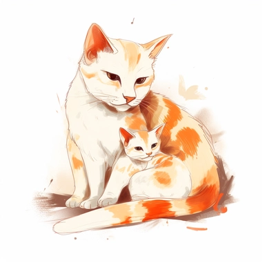 adult female cat cuddling baby cat, clipart, bright colors, isolated white background