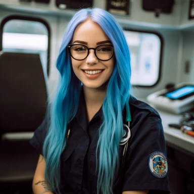 young mid twenty woman, long blue hair, black framed glasses, in a bright blue Medical Department workshirt, an ambulance patch on the side of the shirt, black Trousers, a Radio device clipped on the shoulders, smart, Fresh smile, 50mm, f1.8, Beatuy Retouche, beautiful, standing in Front of an American Hospital, sunset, happy, photorealistic, dark strong blue hair,