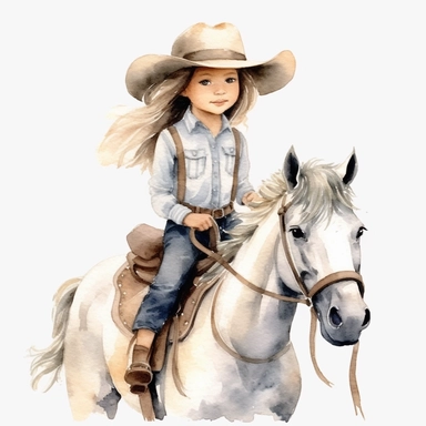 adorable cute vintage little girl in cowboy hat riding white pony, watercolor clipart, high quality clipart, no background , high details