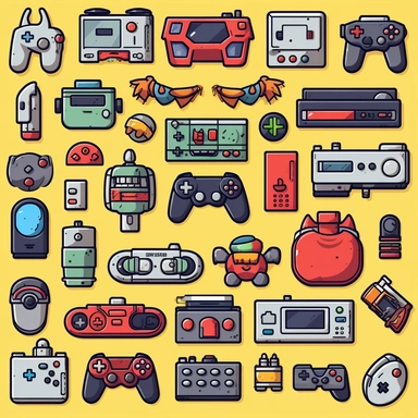 Design a clipart set that depicts various iconic video game characters, platforms, and accessories. Add images of different video game consoles like Polaroid, Xbox, or PlayStation, and include controllers, headsets, and other gaming accessories