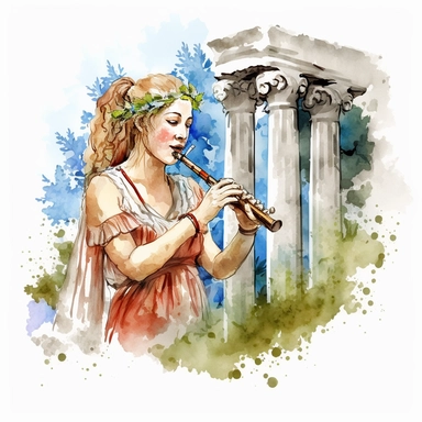 a beautiful and ultra realistic hellenistic dressed happy woman playing side flute on the grass with watercolor effect,ultra realistic and detailed face,ancient greece vibe,white background,suitable for digital clipart,hellenistic scene,ancient greece,vibrantly colors,greek columns