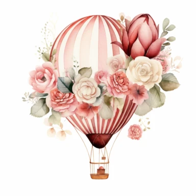 Stunning watercolor hot air balloon with flower clipart, white background