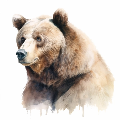 watercolor for a clipart with a white background of a grizzly bear, hyperrealism, painted by grant wood