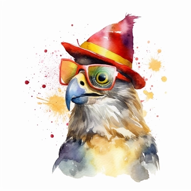 please create watercolor clipart of a hawk smiling, wearing party HAT AND GLASSES, colorful, WHITE BACKGROUND