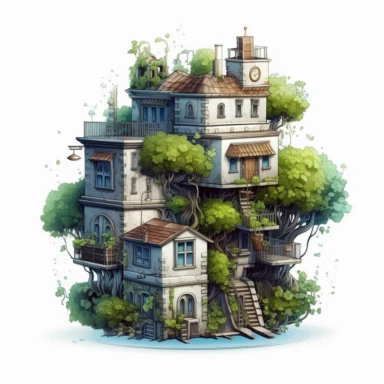 Planted House Sublimation Clipart,Cartoon,hyper realistic, intricate detail, illustration style,high solution,on the white background