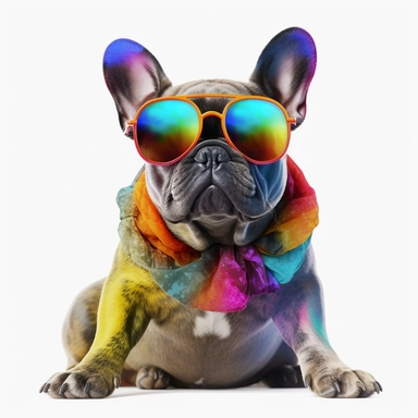 french bulldog, transparent backround,clipart,4k hd,full body,different positions,short sleved clothes,sunglasses, really really colorful