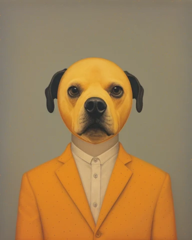 the dog's face has an orange ladybug clipped onto his nose, in the style of social media portraiture, quint buchholz, made of rubber, l. birge harrison, li wei, smilecore