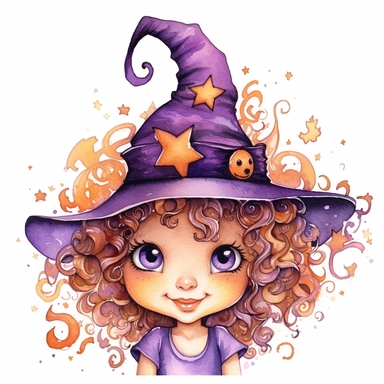 a happy little cute curly girl in a five-year-old witch's hat, web, spider, violet, brown, style by Lusy Fleming, folk art, watercolor, clipart elements, smooth gradients, black contour outline, ultra detailed, white background, super clear, high quality