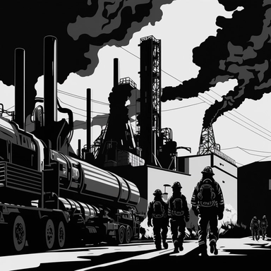 the firebrigade near a Fire of a large modern factory, clipart, vector, b&w