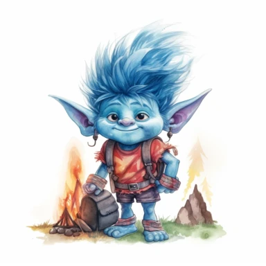 a watercolor, cute troll, hair standing up, blue hair, little nose, precious moments, camping, summer, clip art, contrasting colors, white background.