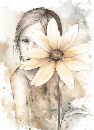 a single spring flower, in the style of magali villeneuve, jon j muth, carl larsson, dreamy world, closest to watercolor illustrations, soft color palette with ligh beige and gray, children's illustrations, solid white background, clipart