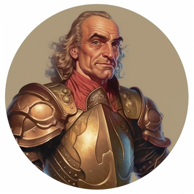 Arthur Sarnoff's character portrait circular tondo depicting an armored Regency knight, Mike Allred Josh Kirby, clipart illustration, circular solid background circular border