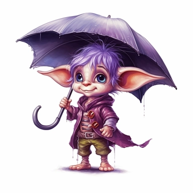 Cute Adorable magical little Elf with big pointed ears holds a umbrella in his hand wears a raincape and stand in the rain on a country road, clipart, photorealistic illustration, watercolor, high detail, 8k polished, 8k, vibrant colors, sticker, majestic, die cut, black and purple color, white background