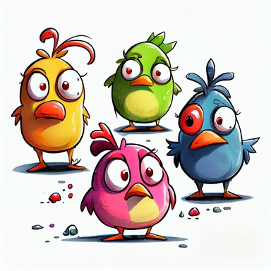 funny pink, yellow, blue, orange, and green chickens with ideal eyes, face, wings and legs, after pinnata party, hight detailed faces, cartoon style, white background, black outside lines, designs, white background, watercolor pencil drawing, small details, digital art, clipart, super acurate, –testp, pixar,
