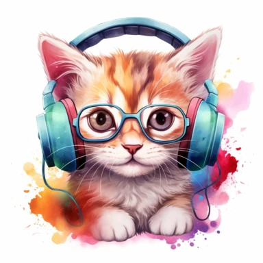 Illustrate a watercolor clipart of a kitten wearing eyeglasses and listening to music, with headphones detailed clipart, white background