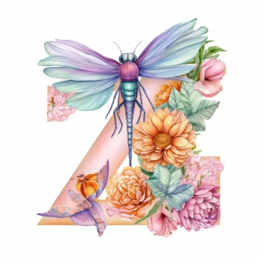 Beautiful Pastel Dragonfly Flower Alphabet  Z  Letter Watercolor Clipart,Cartoon, hyper realistic, intricate detail, illustration style,high solution,on the white background