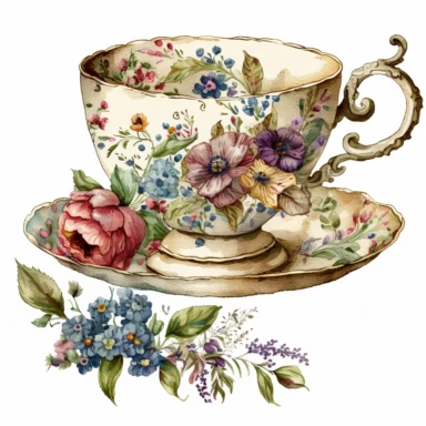 vintage old school tea cup, watercolour clipart, floral art