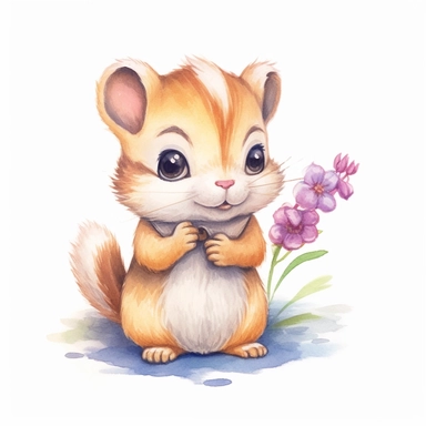 a captivating watercolor clipart image with a white background and white margins, featuring a cure sweet kawaii chipmunk. The ultra-detailed, hand-drawn elements capture the details. Use vibrant shades of various colors to create a visually appealing image