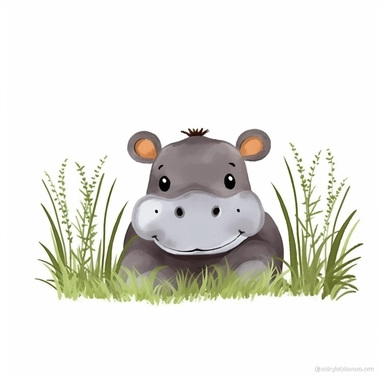 Nursery safari animal, clipart, hippo, cute, white background, grass, no text, no words