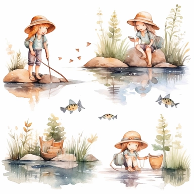 Watercolor boho fishing near a beautiful stream, illustrations clipart set, simple, soft colors, cartoon elements, different variants, cute little boy and girl fishing, separate elements with a margin