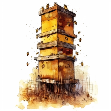 An artistic representation of a Warré hive, known for its vertical stacking system, with bees gracefully entering or exiting the hive's multiple boxes. (Digital drawing clipart, image black border color, full body, flat texture, transparent background)