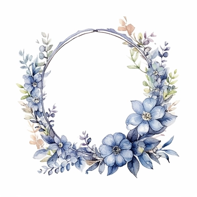 watercolor clipart of a empty suttle dainty floral oval frame surrounded by dusty blue color flowers. Capture the essence of blooming beauty and intricate details in your artwork, white background