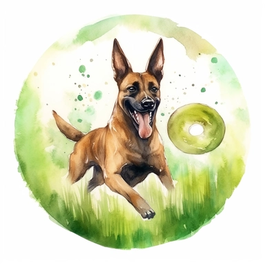 Energetic Belgian Malinois chasing a flying disc in a lush green meadow, with its tail wagging and a playful grin, white background, watercolor clipart.