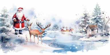 christmas theme Watercolor Cute santa claus wearing red & blue Clipart Collection in beautiful winter landscape with a lot of snow and a small lake, christmas theme, detailed, isolated, white background, one pattern,