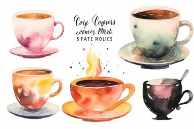 minimalistic clipart set five watercolor clipart, coffee cup,