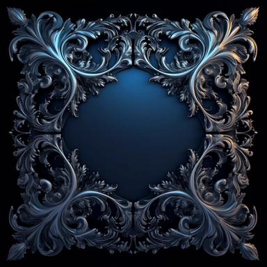 Filigree borders or frame clipart, hd, detailed, on black background, square. A square hollow frame against the dark night, in the style of dark silver and and blue, curves, changelingcore, fine lines, delicate curves, eerily realistic, ravencore