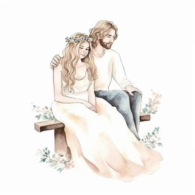 Watercolor wedding couple sitting on wooden beanch, woman with curly dark hair and white wedding dress, man with blonde hair, clipart, delicate, minimalistic , decorated with few beige peonies around, minimalism, white background, subtle, boho vibes, boho theme