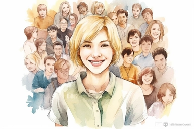 High level watercolor, hyper-realistic, white background with margins, 8k, ultra-detailed clipart, a classroom with a young happy and smiling teacher in her 30s, with blonde short bob hair and bang, surrounded by happy and smiling students of different ages
