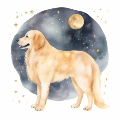 celestial watercolour Golden Retriever clipart, on white background, stars, nebula, moon, galaxy, soft colours