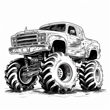 black and white monster truck clipart, 2d vector , sharp resolution, white background