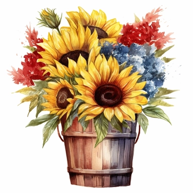 romantic clip art red white and blue sunflower flowers is shown in a watercolor style, gentle strokes, vintage, in a wooden bucket, in a bouquet, yellow and dark yellow petals, isolated on a white background, fairytale-inspired