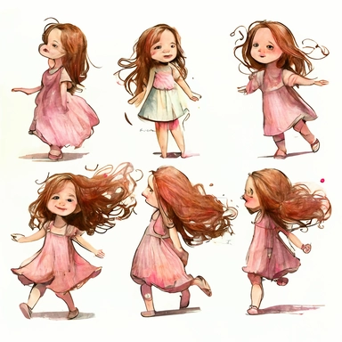 1 cute girl, cute, 5 years old, pink dress, long hair, multiple pose and expressions, children's book illistion style,watercolor clipart,