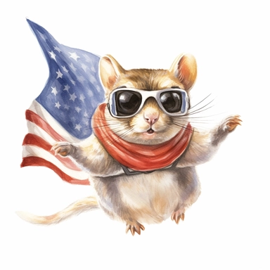 Flying squirrel is gliding, wears American flag scarf and sunglasses, closeups shot, low angle, watercolor style, hyper-realistic animal illustrations, 2d game art, quadratura, clipart, on white background,