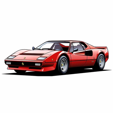 in clipart style, vector image, A meticulously crafted illustration of a red 1975 Ferrari 308 GTB , highlighting its iconic design and graceful contours, placed against pure white background (style: evoking the accuracy and refinement of classic automobile blueprints) (lighting: (colors: an elegant palette for the car's body set against a pristine, white backdrop) (composition: captured from a side view or three-quarter angle using a 35mm lense ensuring enough space is between the car and pictur