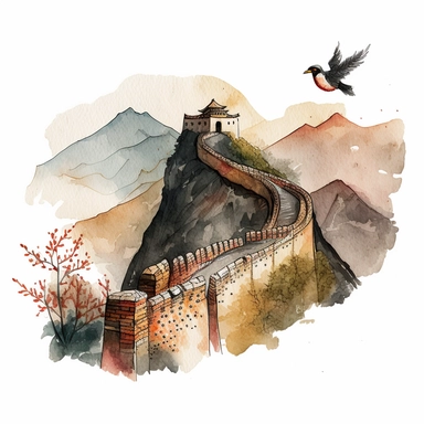 watercolor sketch of great wall of china clipart, featuring mountains and bird, white background