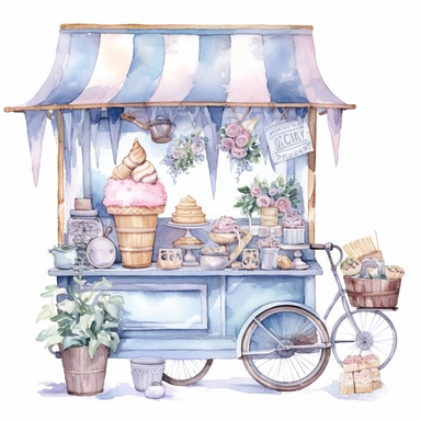 Watercolor wedding icecream blue stand, wedding clipart, simple, soft colors, cartoon elements, watercolor boho style, white transparent