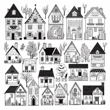 black and white houses clipart set, hand drawn houses, doodles, cute houses, clean and simple line art, no shadows, no background
