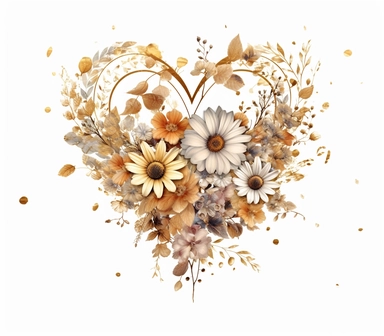 a thin gold heart shape with the outside covered with some minimalist flowers, boho style, clipart on white background
