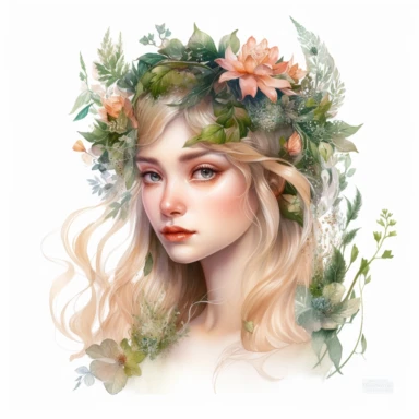 watercolour clipart of beautiful woodland elf, hair tucked behind pointy ears, detailed character illustrations, fantasy illustration, close - up, multilayered realism, goblincore, delicate flowers, forest greenery, enchanted, pretty, majestic, magical, detailed, face only, UHD, 8K, 3D, solid white background