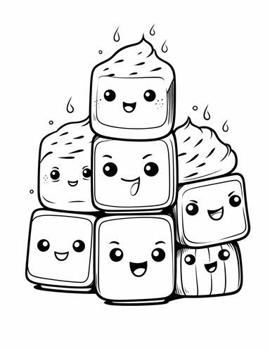 Kawaii s'mores with smiling faces, featuring toasted marshmallows, chocolate, and graham crackers For Simple Coloring page,line art, thick lines, black and white,clipart, illustration, on white background,margin Page 10px