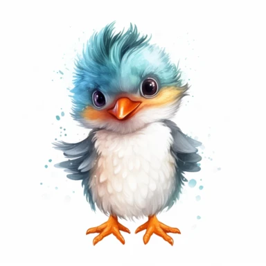 a harmonious baby kingfisher with kind eyes clipart with watercolor illustration,full body shot,8k,etsy style, white background
