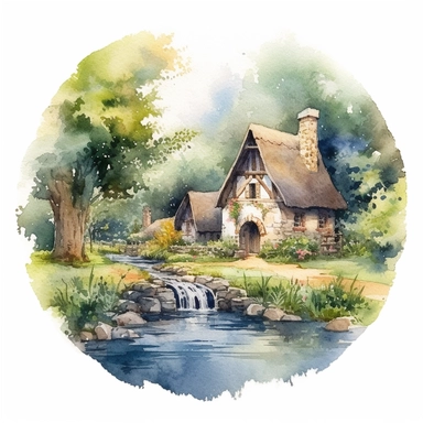 watercolor clipart artwork showcasing the beauty of an ancient medieval cottage surrounded by nature's tranquility. The cottage, situated alongside a calm and meandering river, features a charming waterwheel that turns gracefully, adding a touch of whimsy to the scene. The artist's meticulous attention to detail brings the rustic cottage to life, with textured stone walls, a thatched roof, and vibrant vegetation. Against a pure white background, the watercolor medium creates a soft and dreamy at