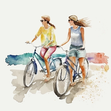 watercolor friends biking along the beach clip art white backround